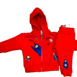 Paul Smith Junior 9M red soft sweatsuit with outer space/bolts/bot theme